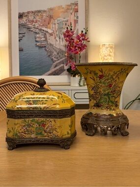 Yellow Porcelain Floral Ceramic Planter and Decorative Box Set - Home Accents